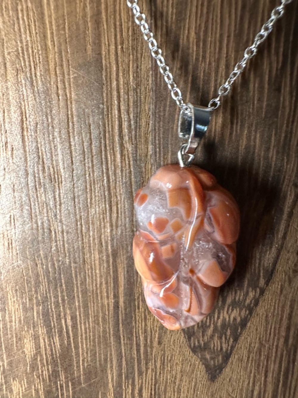 Dark Pink/Salmon Pink “Cotton Candy” Agate Pendant on Silver Plated Chain - Picture 6 of 13